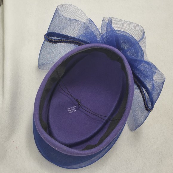 Vintage 80s Church Hat Oversize Bow Wool Felt Formal Tulle Blue Gold Sequins USA - Picture 10 of 14